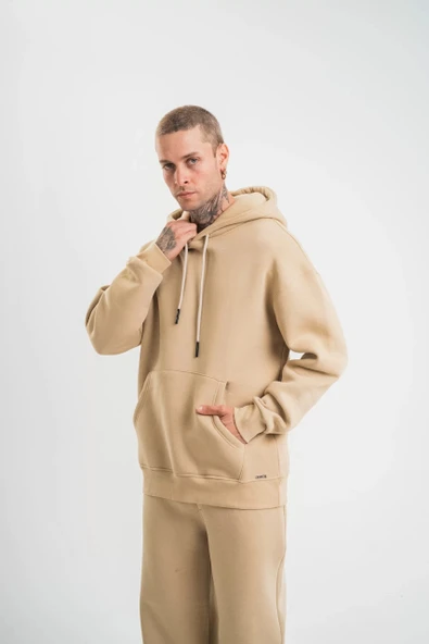 Unisex Double Oversize Kapşonlu Basic SweatShirt - Bej - Resim 3