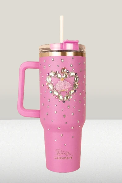 Pipetli 1,2 litre Kulplu Çelik Termos Renkli Üzeri Taş İşlemeli - 5