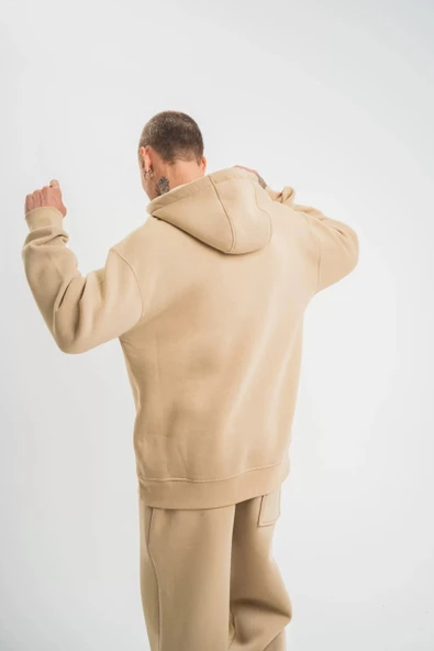 Unisex Double Oversize Kapşonlu Basic SweatShirt - Bej - Resim 4