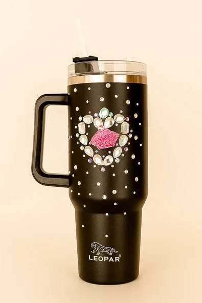 Pipetli 1,2 litre Kulplu Çelik Termos Renkli Üzeri Taş İşlemeli ürün görseli