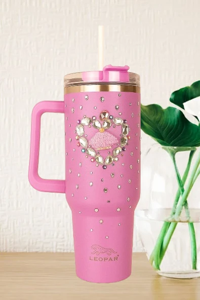 Pipetli 1,2 litre Kulplu Çelik Termos Renkli Üzeri Taş İşlemeli - 4