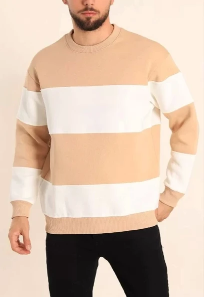 Parçalı Bisiklet Yaka Baskılı SweatShirt - Bej ürün görseli 1