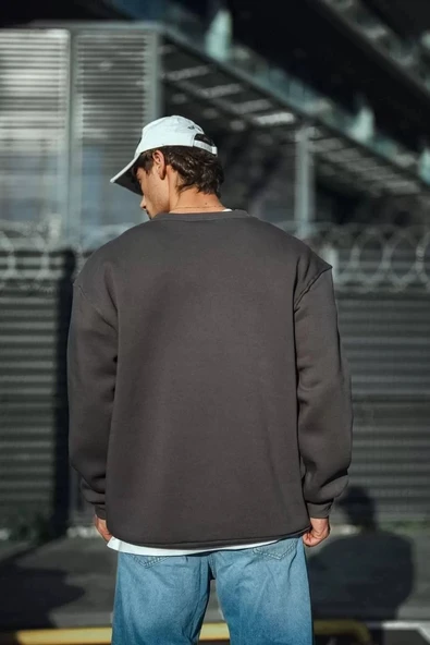 Kışlık Bisiklet Yaka Üç İplik Basic SweatShirt - Antrasit - Resim 2