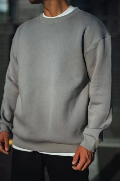 Kışlık Bisiklet Yaka Üç İplik Basic SweatShirt - Boyalı Gri ürün görseli 1