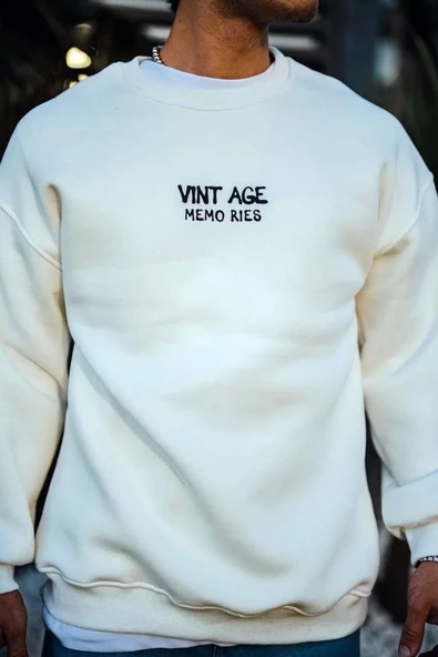 Oversize Bisiklet Yaka Üç İplik Baskılı SweatShirt - Beyaz ürün görseli 1