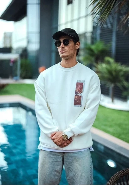 Uzun Kol Bisiklet Yaka Ön ve Arka Baskılı SweatShirt - Beyaz ürün görseli 1