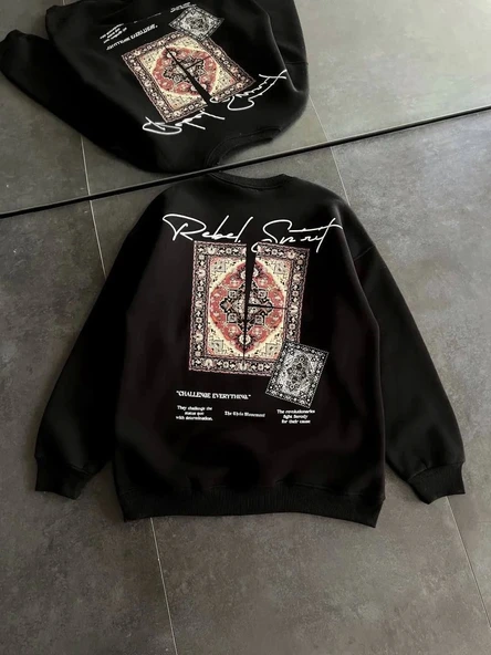 Kadın Bisiklet Yaka Baskılı SweatShirt - Siyah - 2