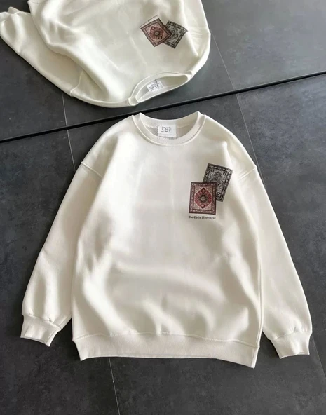 Kadın Bisiklet Yaka Baskılı SweatShirt - Beyaz ürün görseli