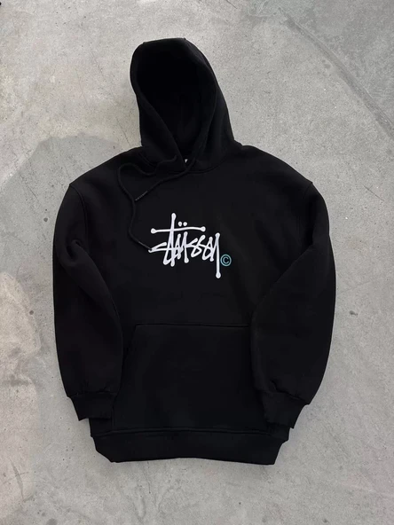 Üç İplik Kapşonlu Baskılı SweatShirt - Siyah - Resim 2