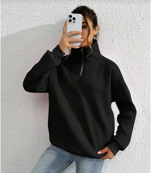 Unisex Uzun Kol Yarım Farmuarlı Yakalı Basic SweatShirt - Siyah ürün görseli
