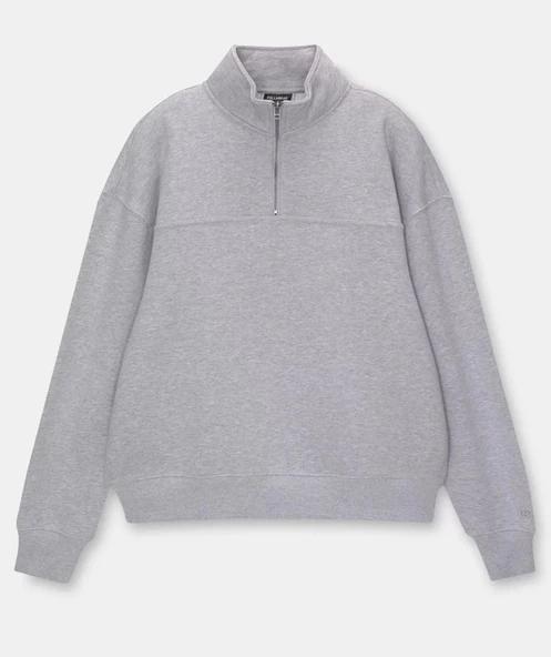 Oversize Yarım Farmuarlı Yakalı Basic SweatShirt - Gri ürün görseli 1