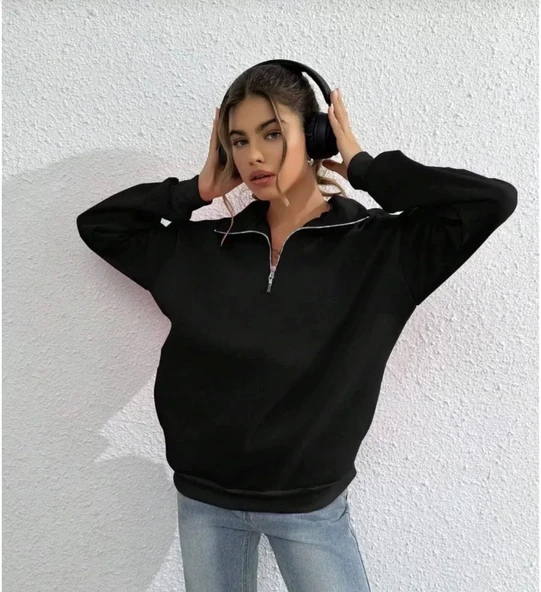 Unisex Uzun Kol Yarım Farmuarlı Yakalı Basic SweatShirt - Siyah - Resim 2