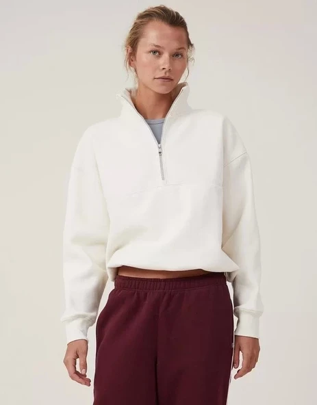 Oversize Yarım Farmuarlı Yakalı Basic SweatShirt - Beyaz ürün görseli