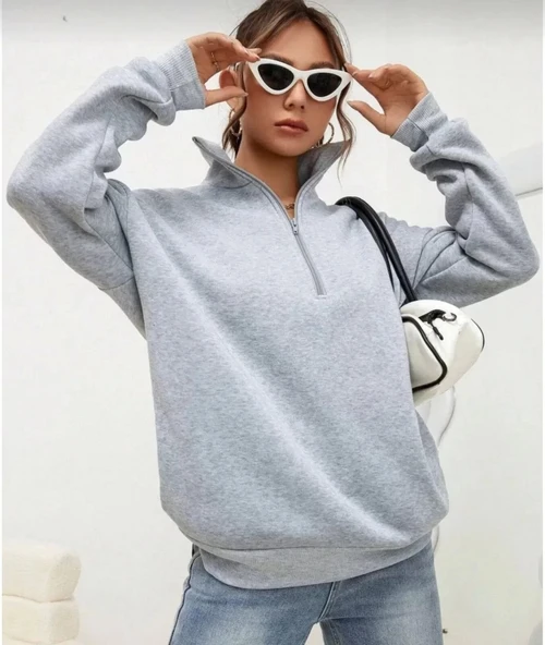 Unisex Uzun Kol Yarım Farmuarlı Yakalı Basic SweatShirt - Gri - Resim 2