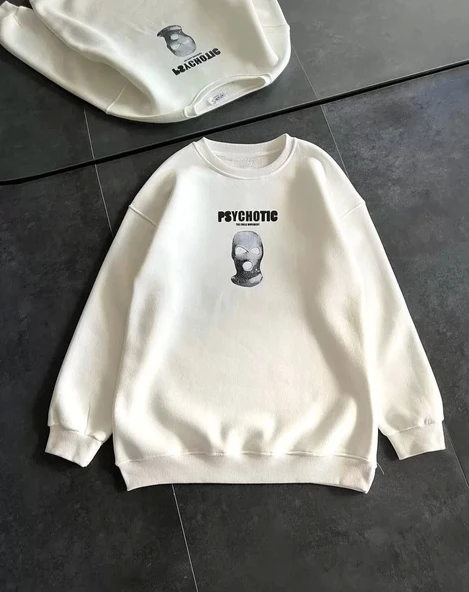 Kışlık Bisiklet Yaka Baskılı SweatShirt - Beyaz - Resim 2