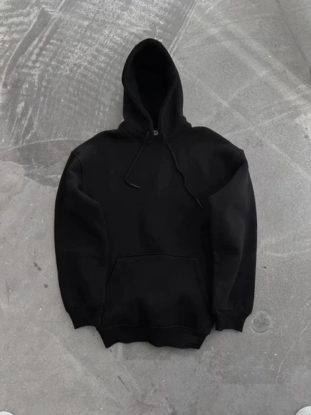 Kapüşonlu Üç İplik Penye Basic SweatShirt - Siyah - Resim 2