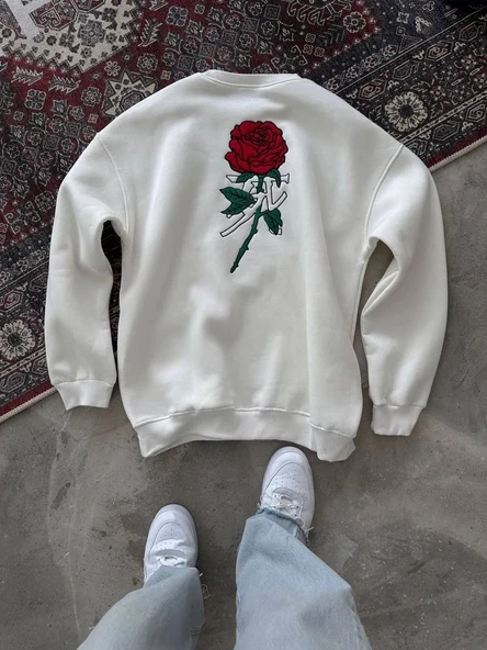 Oversize Üç İplik Bisiklet Yaka Baskılı SweatShirt - Beyaz - Resim 5