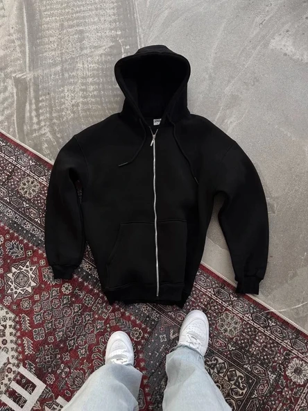 Oversize Tam Fermuarlı Uzun Kol Hırka - Siyah - Resim 2