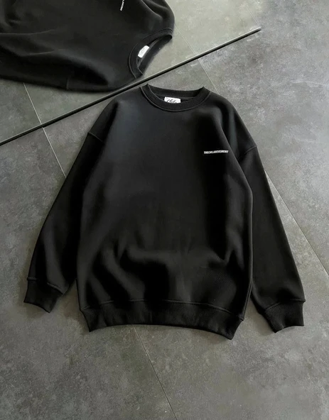 Kışlık Bisiklet Yaka Oversize Baskılı SweatShirt - Siyah - Resim 4
