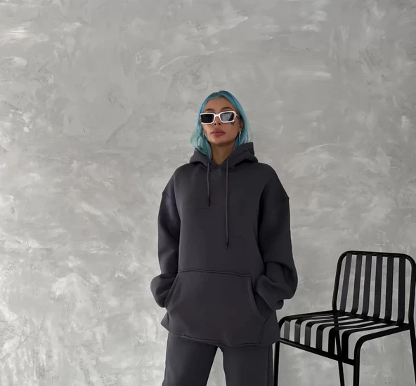 Kapüşonlu Üç İplik Penye Basic SweatShirt - Füme - Resim 2