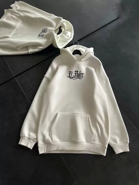 Üç İplik Penye Uzun Kol Kapüşonlu Baskılı SweatShirt - Beyaz - Resim 2