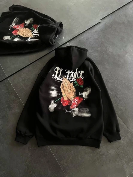 Üç İplik Penye Uzun Kol Kapşonlu Baskılı SweatShirt - Siyah - Resim 3