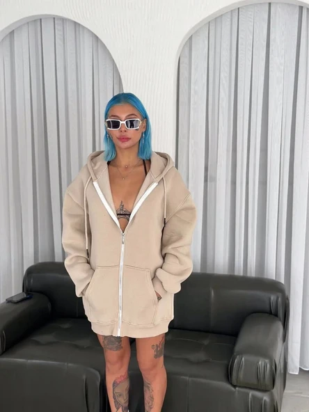 Oversize Tam Fermuarlı Uzun Kol Hırka - Bej ürün görseli 1
