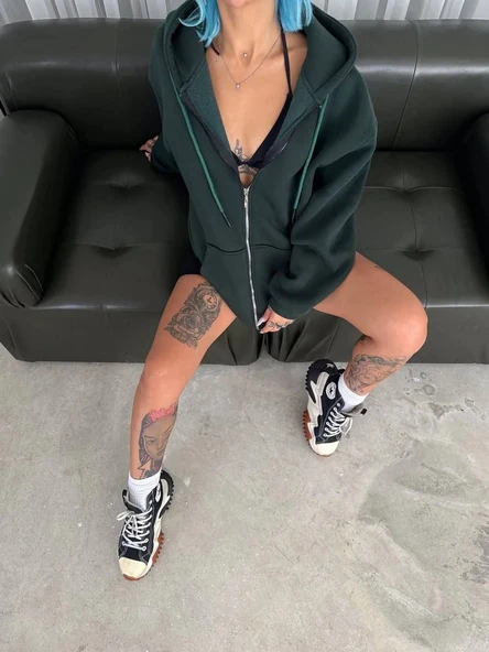 Oversize Tam Fermuarlı Uzun Kol Hırka - Haki ürün görseli 1