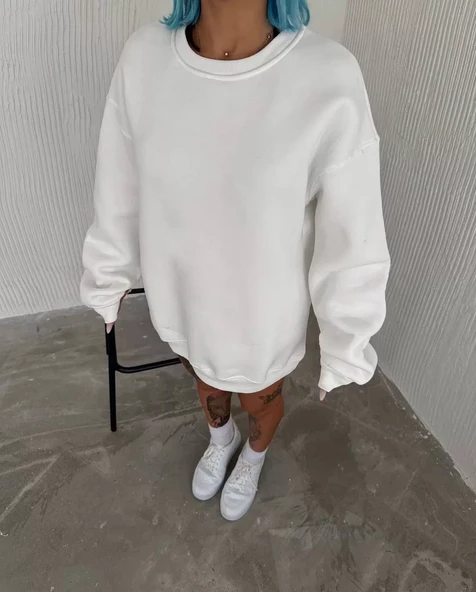 Kışlık Bisiklet Yaka Üç İplik Basic SweatShirt - Beyaz ürün görseli 1