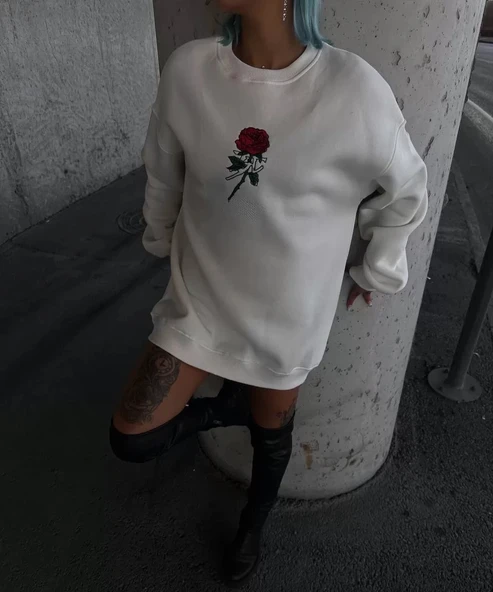 Oversize Üç İplik Bisiklet Yaka Baskılı SweatShirt - Beyaz - Resim 2