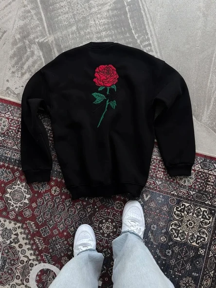 Oversize Üç İplik Bisiklet Yaka Baskılı SweatShirt - Siyah ürün görseli 1