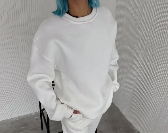 Kışlık Bisiklet Yaka Üç İplik Basic SweatShirt - Beyaz - Resim 2