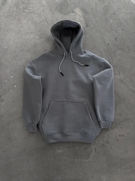 Kapüşonlu Üç İplik Penye Basic SweatShirt - Boyalı Gri - Resim 2