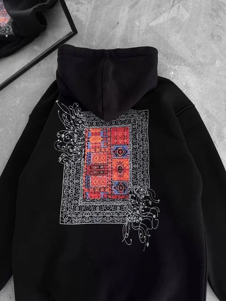 Uzun Kol Kapüşonlu Ön Ve Arka Baskılı SweatShirt - Siyah - Resim 4