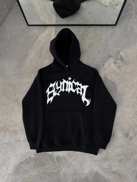 Üç İplik Kapüşonlu Baskılı Oversize SweatShirt- Siyah ürün görseli