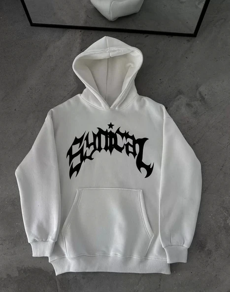 Üç İplik Kapüşonlu Baskılı Oversize SweatShirt- Beyaz - Resim 2