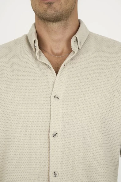 Düğmeli Tam Kalıp Uzun Kol Jakar Gömlek - Gri - Resim 6