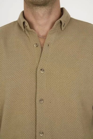 Düğmeli Tam Kalıp Uzun Kol Jakar Gömlek - Kahverengi - Resim 6