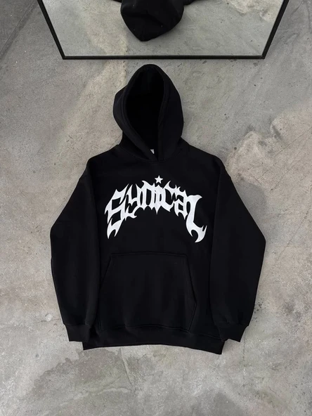 Kışlık Kapüşonlu Baskılı Oversize SweatShirt- Siyah ürün görseli 1