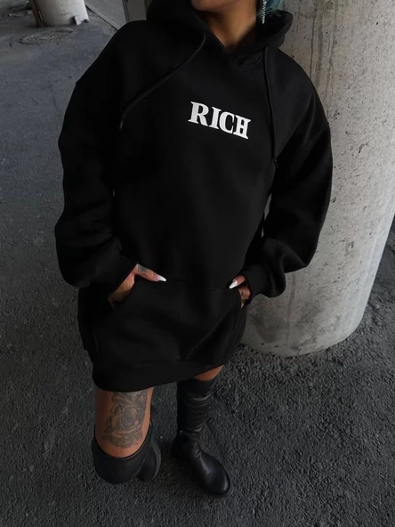 Uzun Kol Kapüşonlu Göğüs Baskılı SweatShirt - Siyah ürün görseli