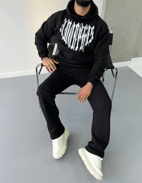 Uzun Kol Kapüşonlu Baskılı SweatShirt - Siyah - Resim 7