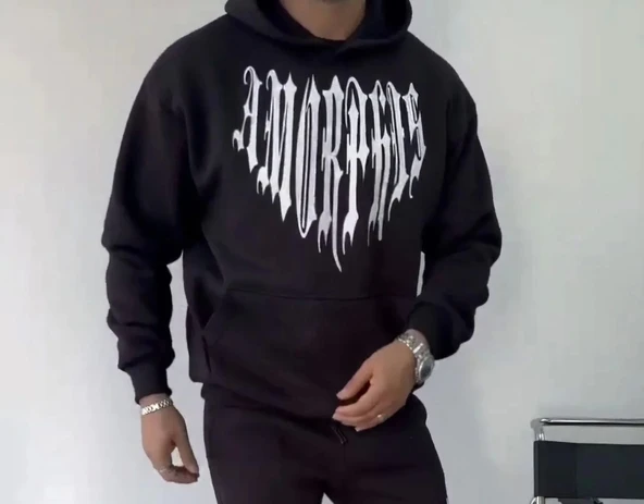 Uzun Kol Kapüşonlu Baskılı SweatShirt - Siyah - Resim 2