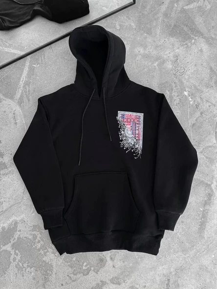 Uzun Kol Kapüşonlu Ön Ve Arka Baskılı SweatShirt - Siyah - Resim 5