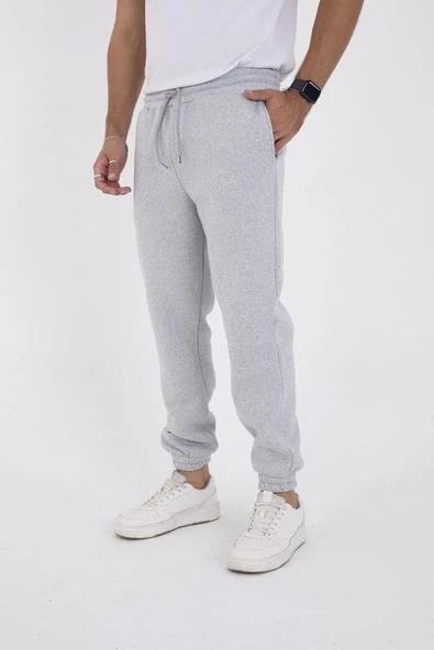 Unisex Kışlık Üç İplik Lastikli Eşofman Pantolon - Gri - Resim 7
