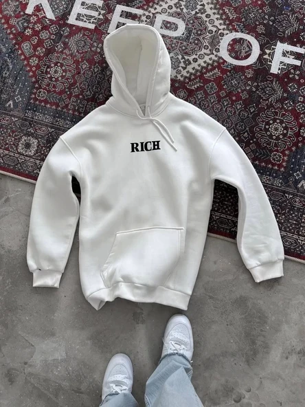 Uzun Kol Kapüşonlu Göğüs Baskılı SweatShirt - Beyaz - Resim 2