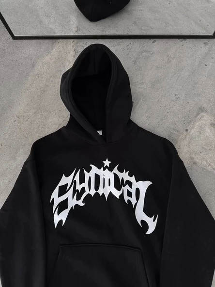 Üç İplik Kapüşonlu Baskılı Oversize SweatShirt- Siyah - Resim 2