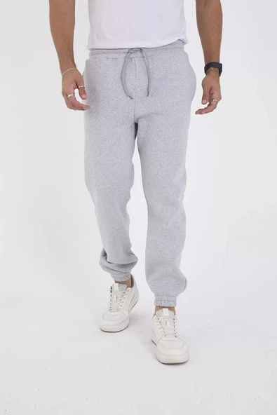 Unisex Kışlık Üç İplik Lastikli Eşofman Pantolon - Gri - Resim 5