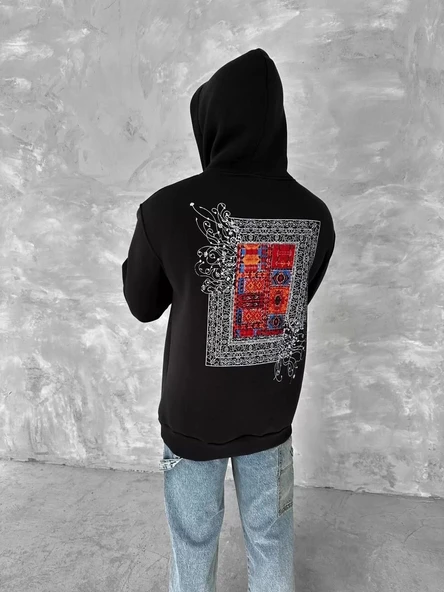 Uzun Kol Kapüşonlu Ön Ve Arka Baskılı SweatShirt - Siyah - Resim 2