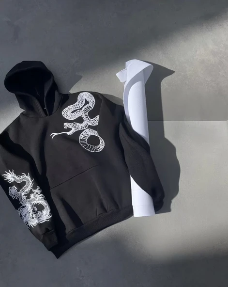 Uzun Kol Kapüşonlu Baskılı SweatShirt - Siyah - Resim 2