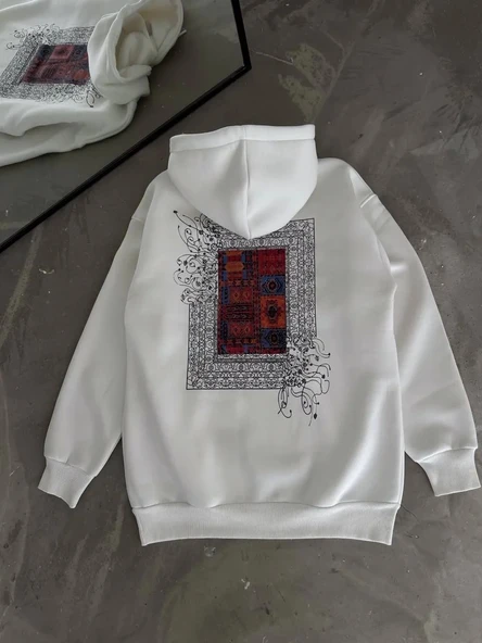 Uzun Kol Kapüşonlu Ön Ve Arka Baskılı SweatShirt - Beyaz - 3